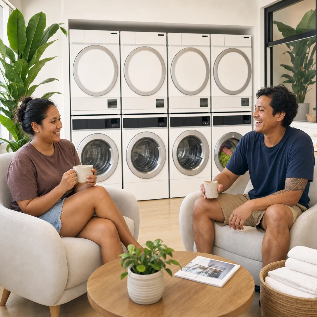 Deux amis rient autour d'un café, installés dans des fauteuils devant les lave-linge et les sèche-linge de la laverie