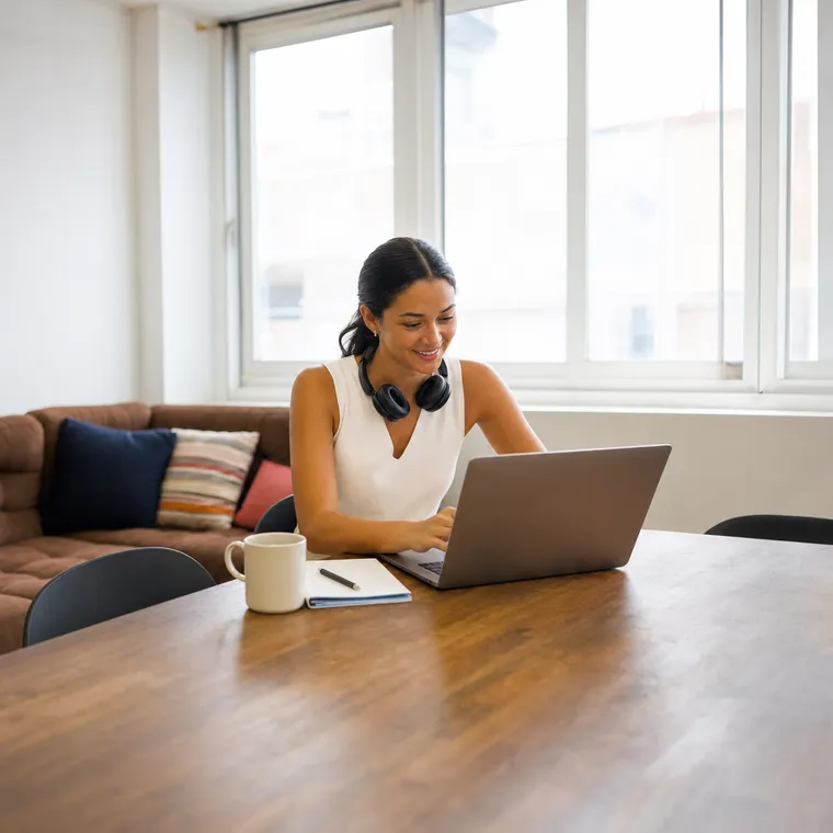 Une jeune femme sourit devant son ordinateur portable, à la grande table de l'espace de travail